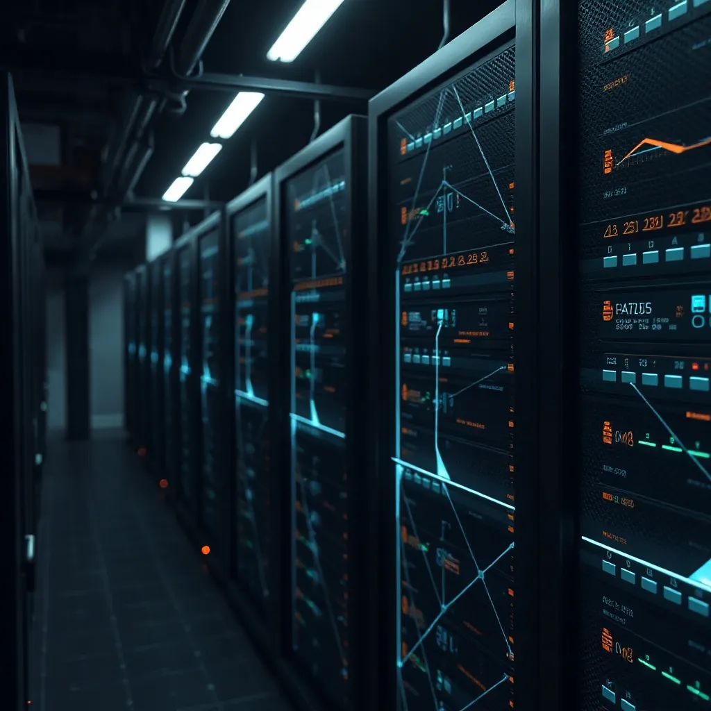 Technical schematic of a server rack with glowing data lines