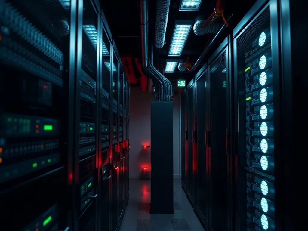 Industrial server room with blinking led lights, technical h