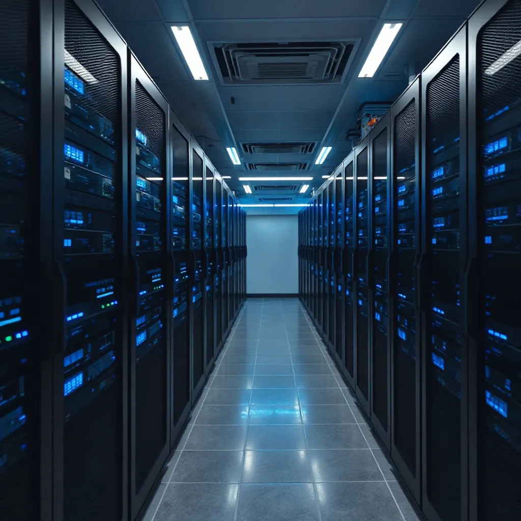 A high-tech server room with rows of black server racks, blu