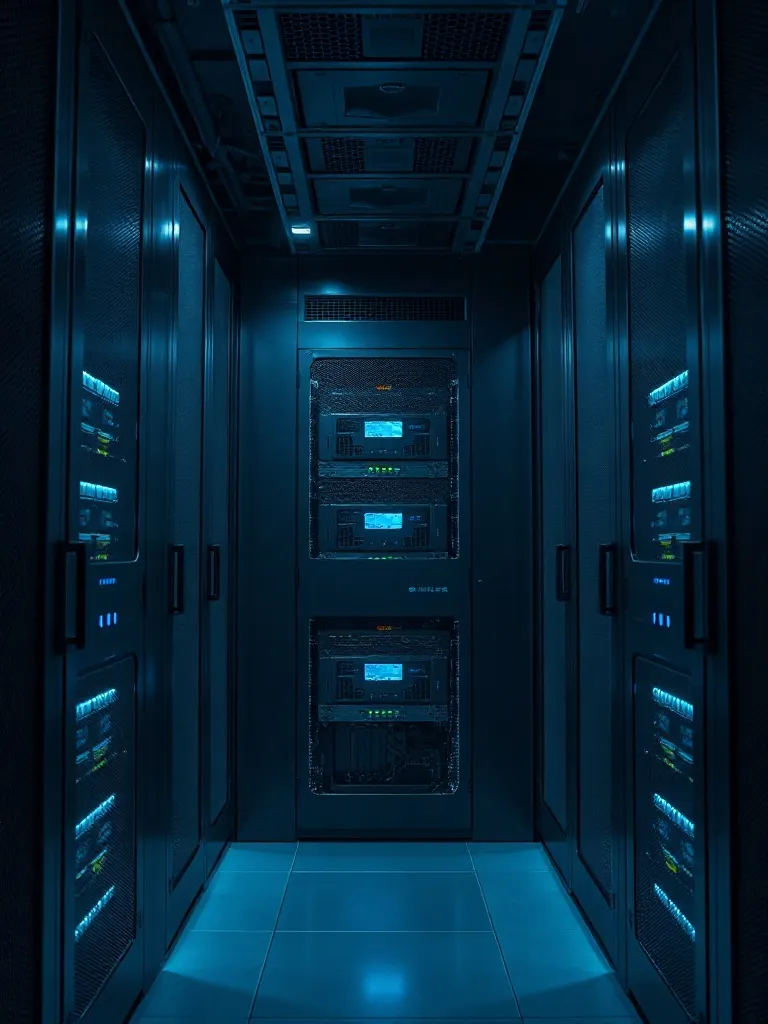 High-tech server room with dark metallic surfaces and subtle