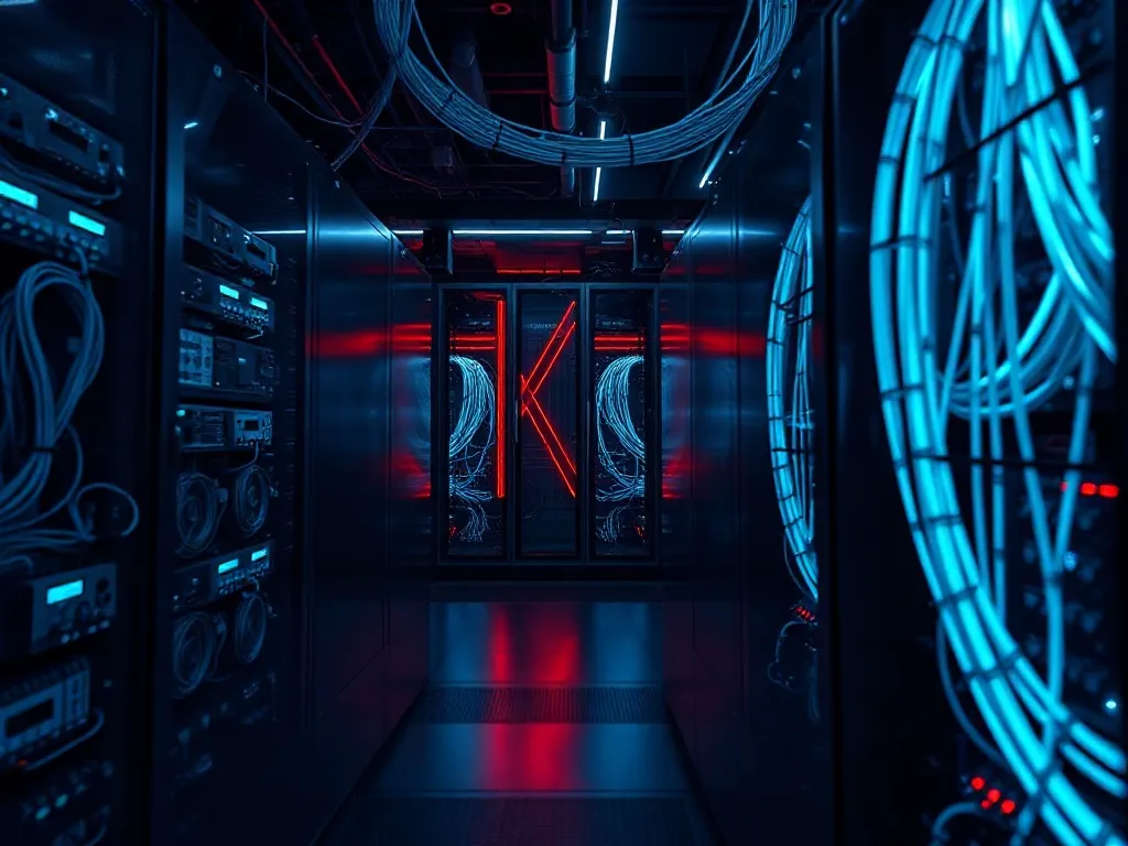 High-tech server room with glowing blue fiber optic cables,