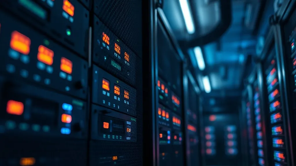 Close up of server rack LEDs and cooling fans in a dark data