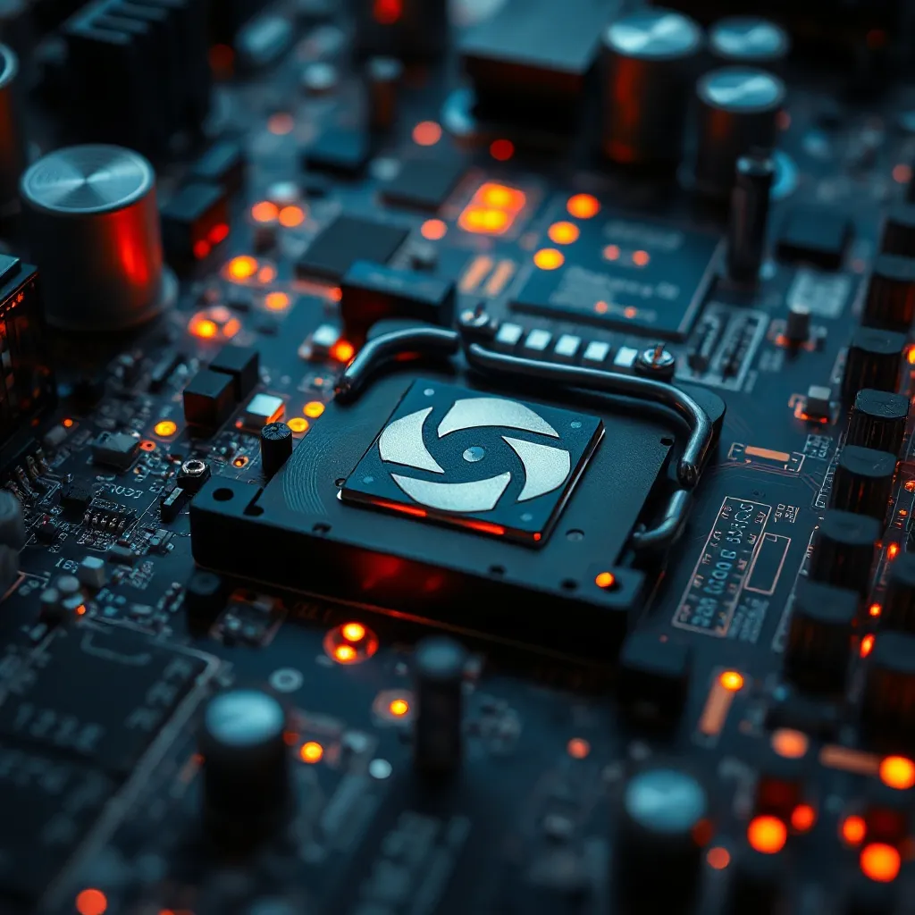 Close up of a high-end motherboard with glowing circuits, da